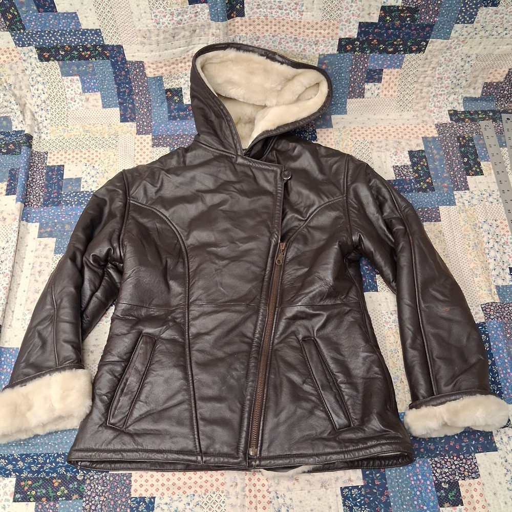 Y2K Vintage Wilsons Leather Hooded Coat Womens M Brown Faux Fur Shearling Jacket